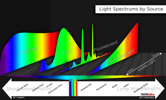 △白炽灯、荧光灯、LED与阳光的光谱比较（来源于网络）