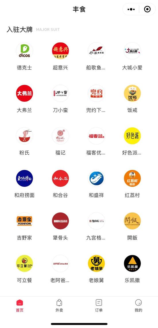 入驻丰食的品牌，图源丰食小程序