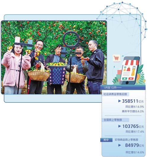贵州省黔西市村村有货电商服务中心工作人员（右一）指导村民手机直播卖橘子，助民增收。 周训超摄（中经视觉)